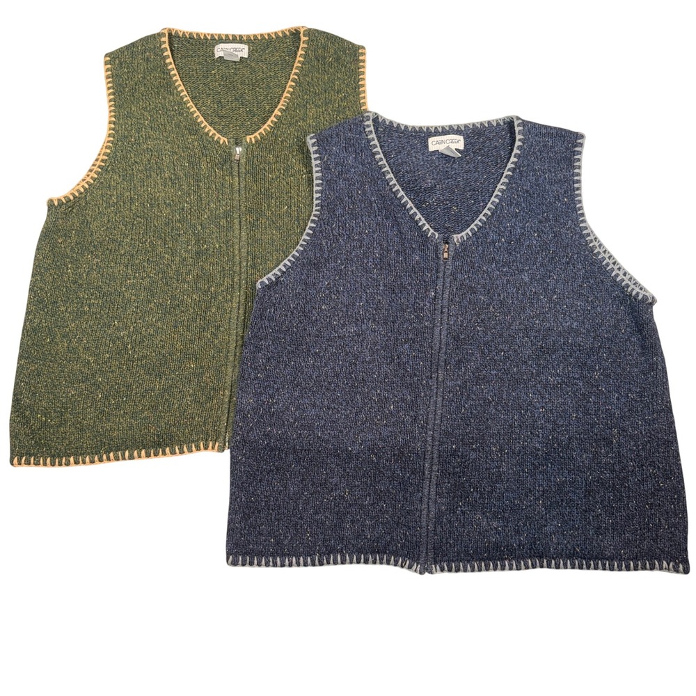 Cabin Creek Marled Knit Zip Vest Bundle 2X Women Green Blue Whipstitch Trim